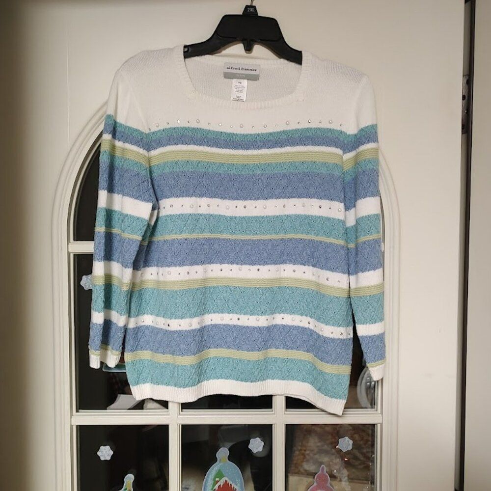 Alfred Dunner White Multi-Color Sparkly Bead Sweater Size Women's Petite M